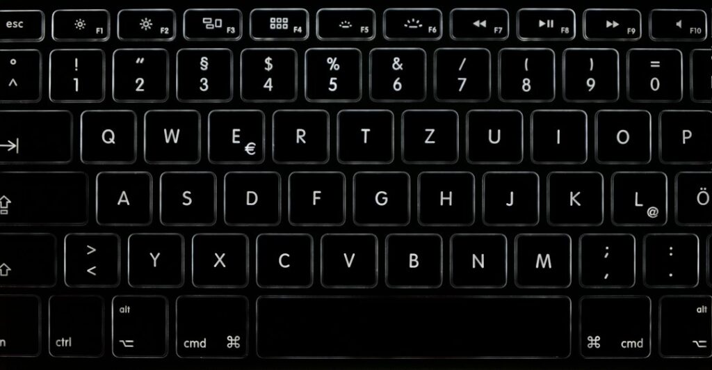 Close-up of the keys on a laptop keyboard.