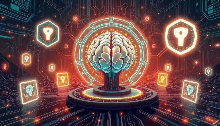 AI-generated illustration of a glowing brain, screens, and shield symbols.