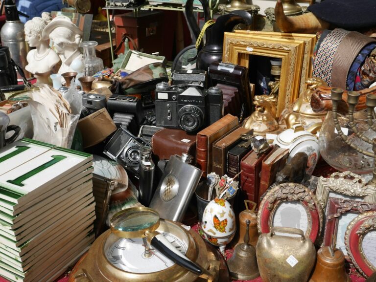 Secondhand cameras, books, picture frames and household objects on a flea-market stall.