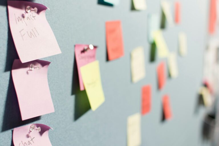 Colored paper notes pinned to a planning board.