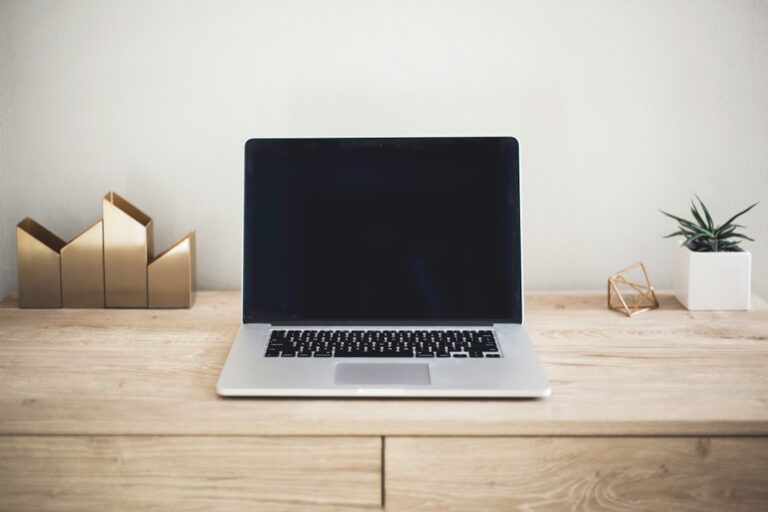 An open laptop with a dark screen on a wooden desk beside a small plant.