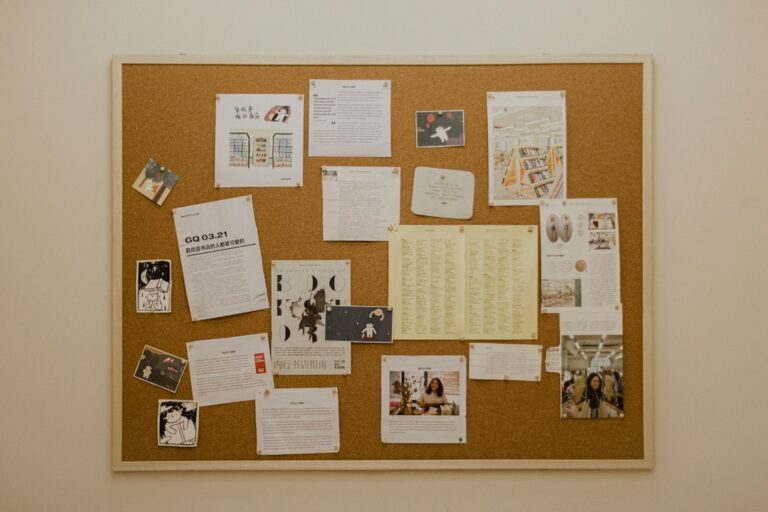 A framed cork notice board displaying papers, photographs and printed notices.