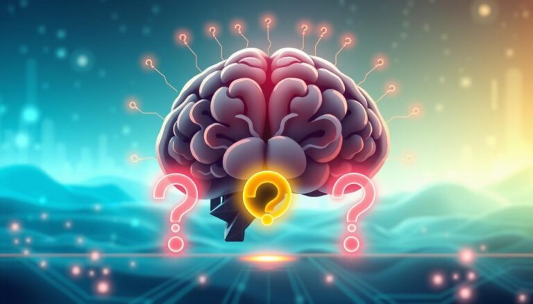 AI-generated symbolic illustration of a stylized brain surrounded by glowing question marks.