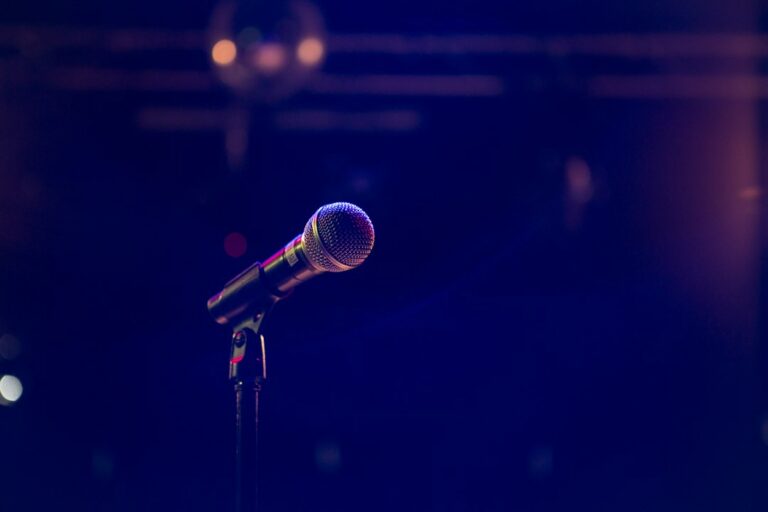 A microphone on a stand against a dark stage with purple lighting.