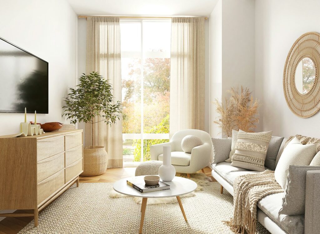 Bright living room with a sofa, armchair, round coffee table and large window.