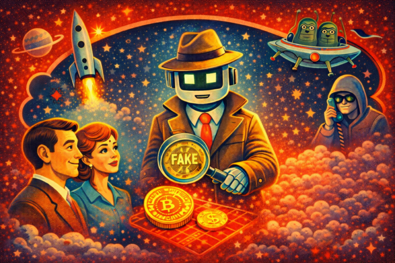 AI-generated cartoon of a robot using a magnifying glass beside people and money symbols.
