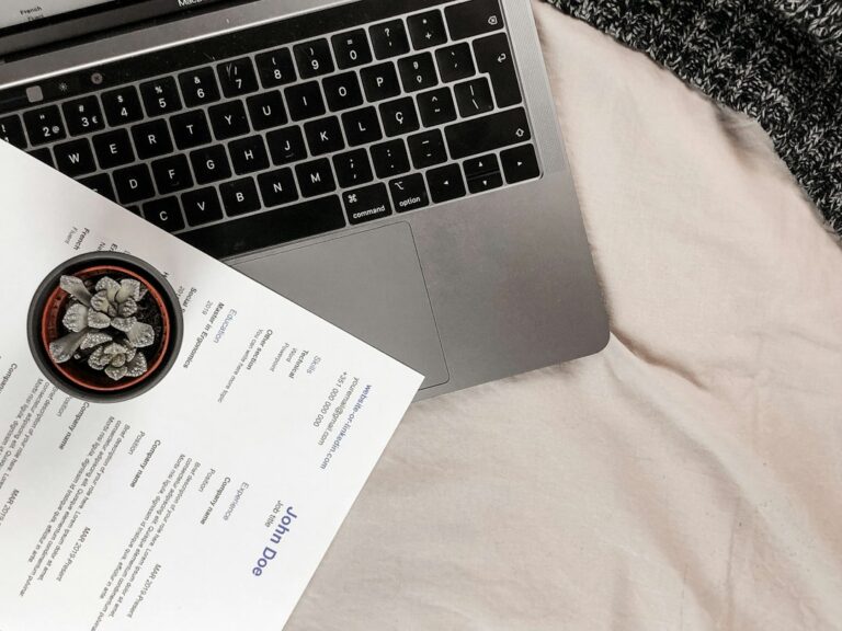 A printed sample resume beside a laptop and a small potted plant.