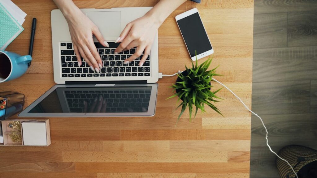 Overhead view of hands typing on a laptop beside a phone and a small plant.