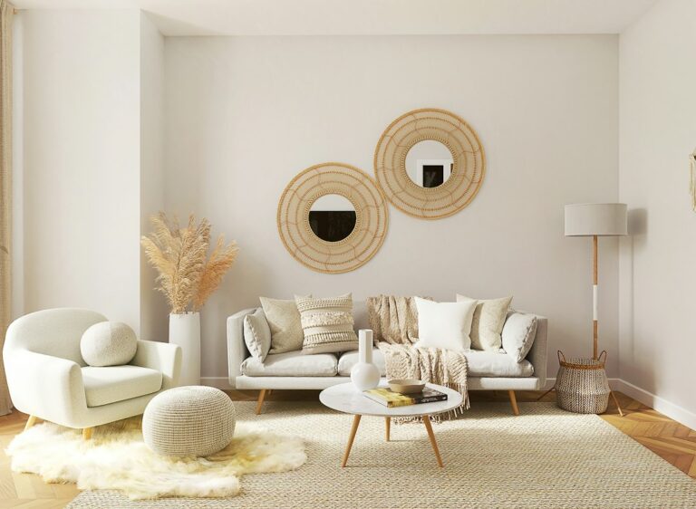A furnished living room with a sofa, chair, coffee table, and two round mirrors.