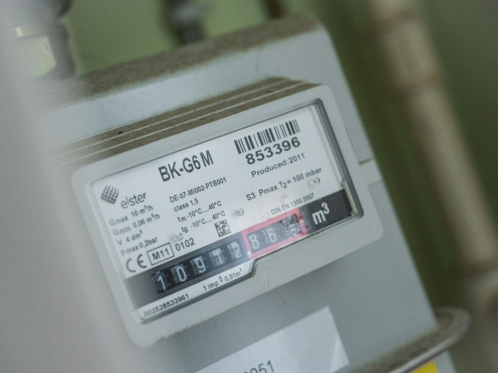 Close-up of a household gas meter showing a cubic-meter reading.
