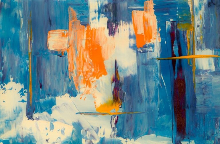 An abstract painting with blue, cream, orange, and purple brushstrokes.