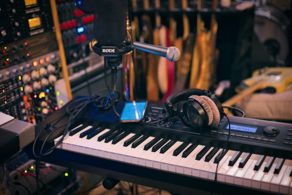 Headphones on a music keyboard in a recording studio.