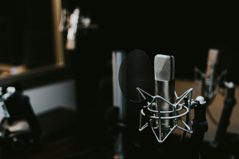 A studio microphone with a round pop filter in a recording room.