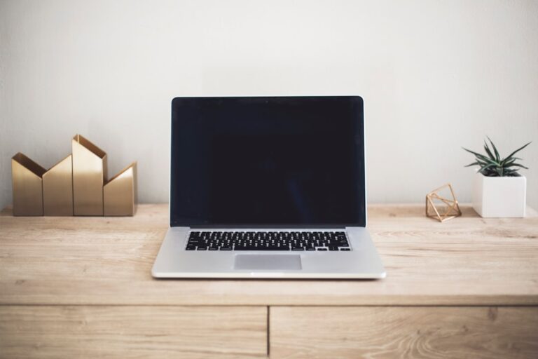 An open laptop with a dark screen on a wooden desk beside a small plant.
