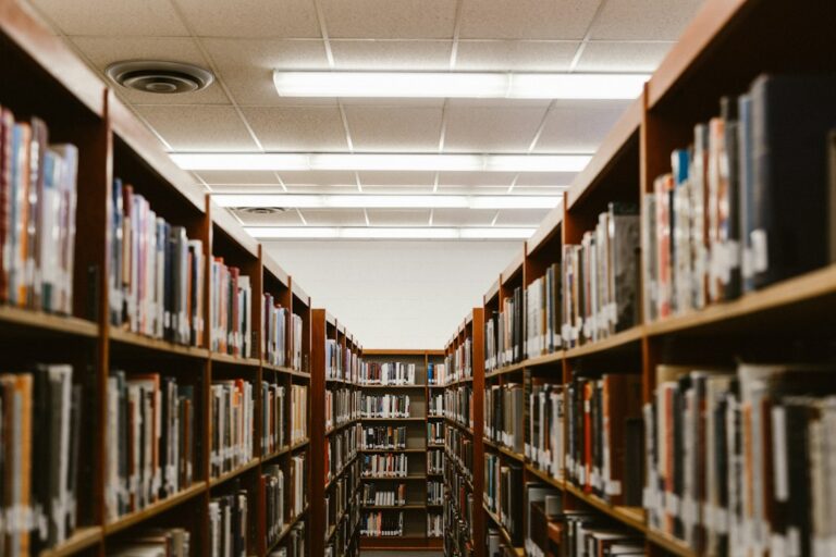 An aisle between library bookshelves.