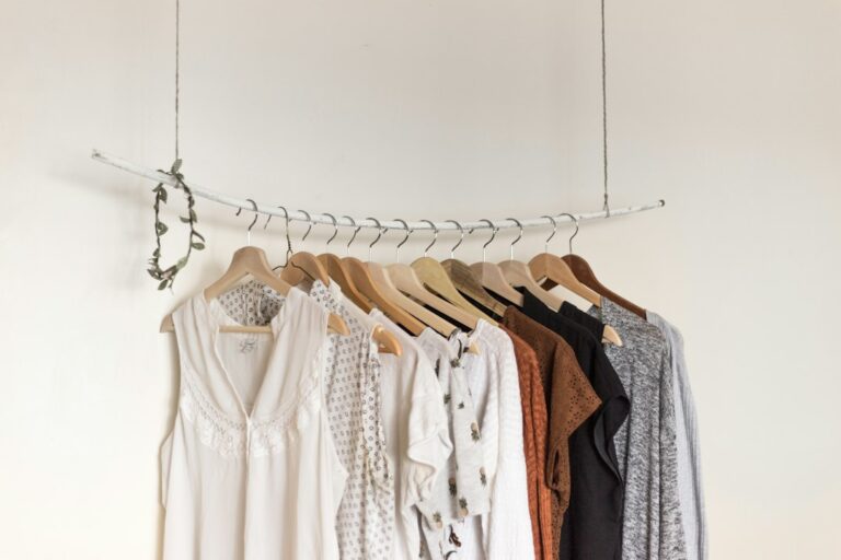 Assorted clothes on wooden hangers suspended from a branch