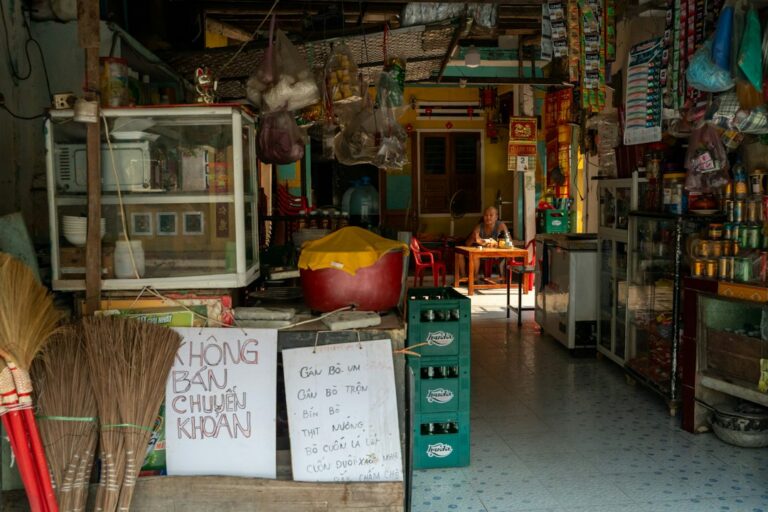 Small shop stocked with goods, with a person seated at a table in the back.