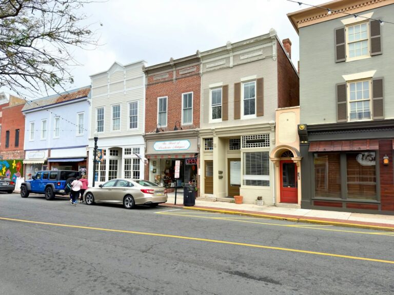 Shops and parked cars along a town street.