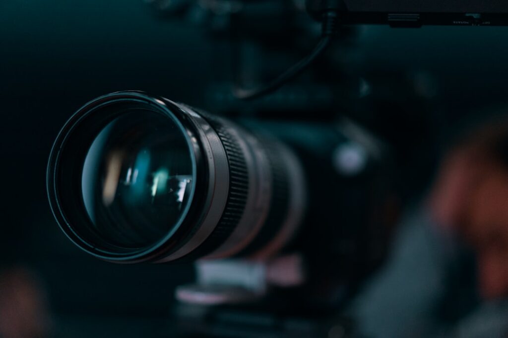 Close view of a video camera lens