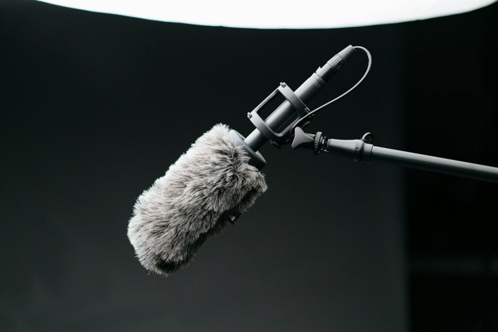 A microphone with a furry windscreen mounted on a boom arm