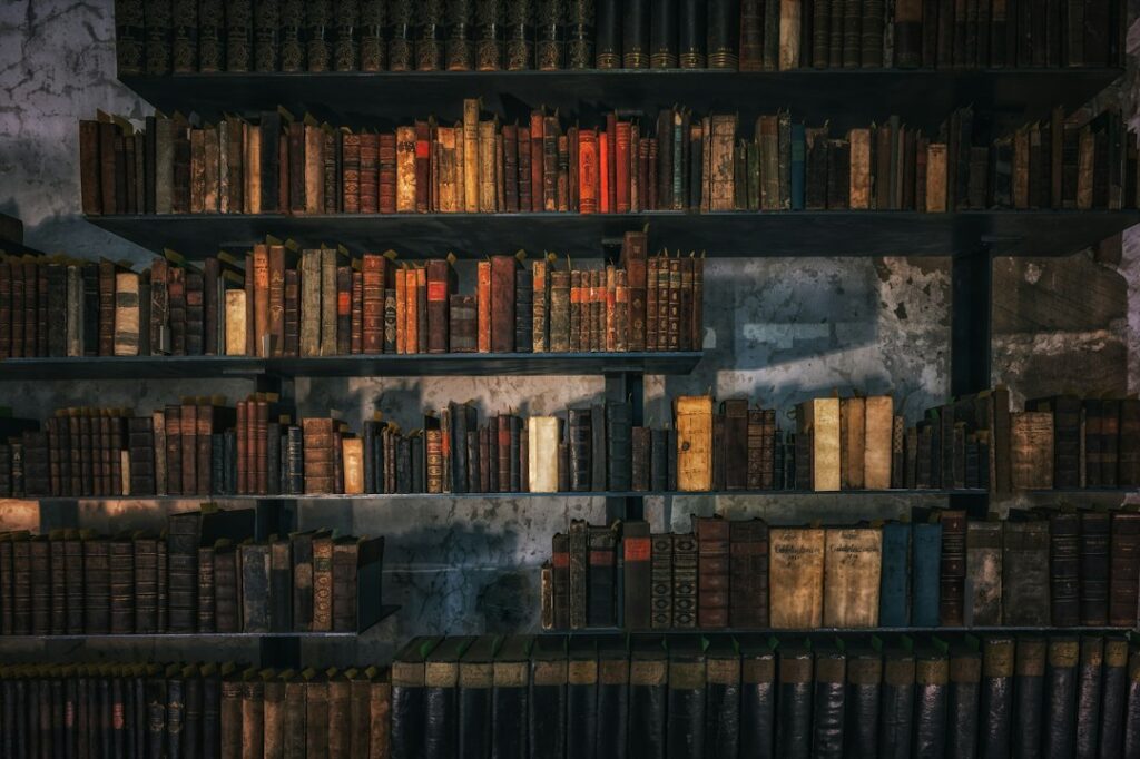 Rows of old books arranged on wooden shelves