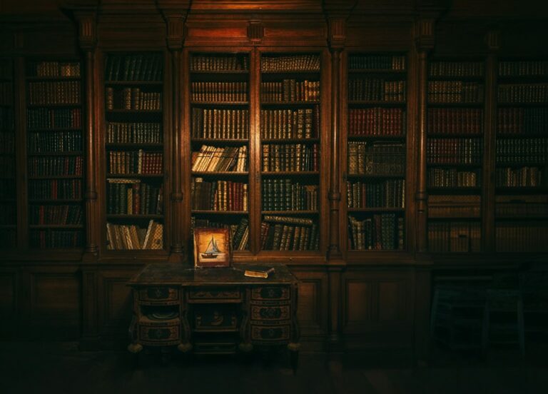 Old books on wooden library shelves, with a desk and chair in front.