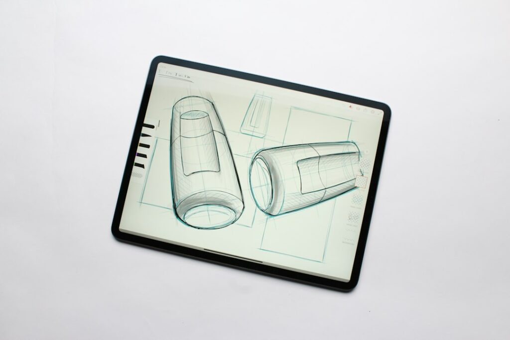 Tablet displaying perspective sketches of a product concept.
