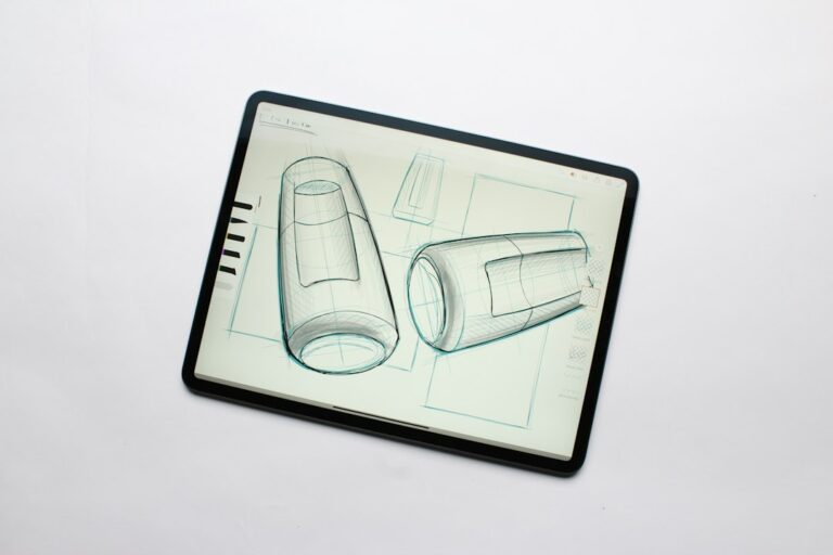 Tablet displaying perspective sketches of a product concept.