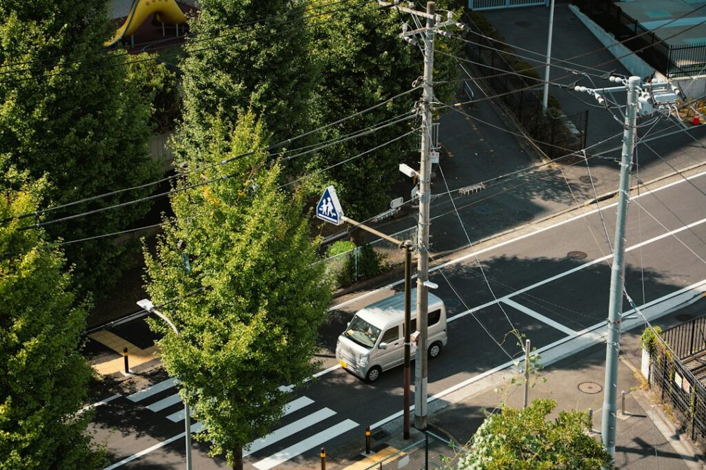 Van traveling along a tree-lined street beside a pedestrian crossing