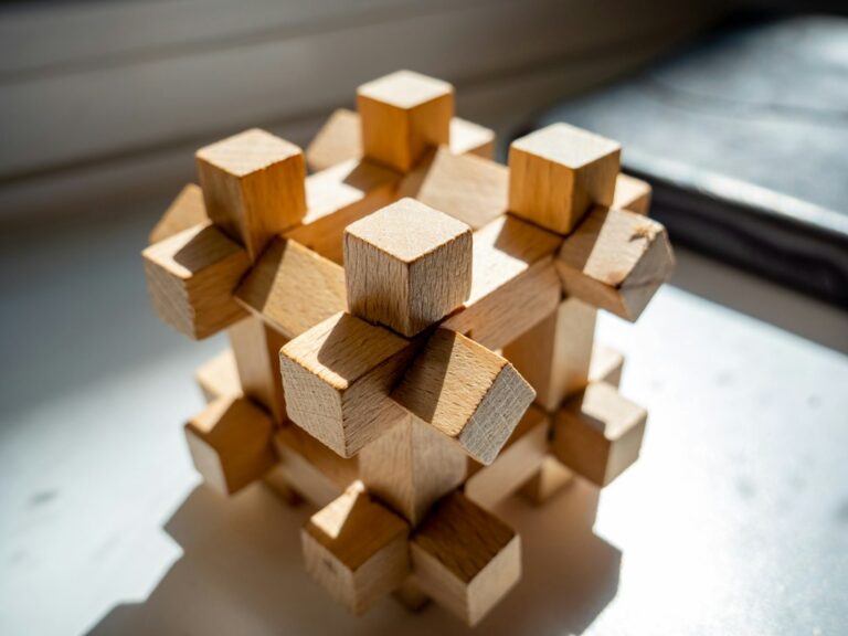 An interlocking wooden puzzle in sunlight on a windowsill.
