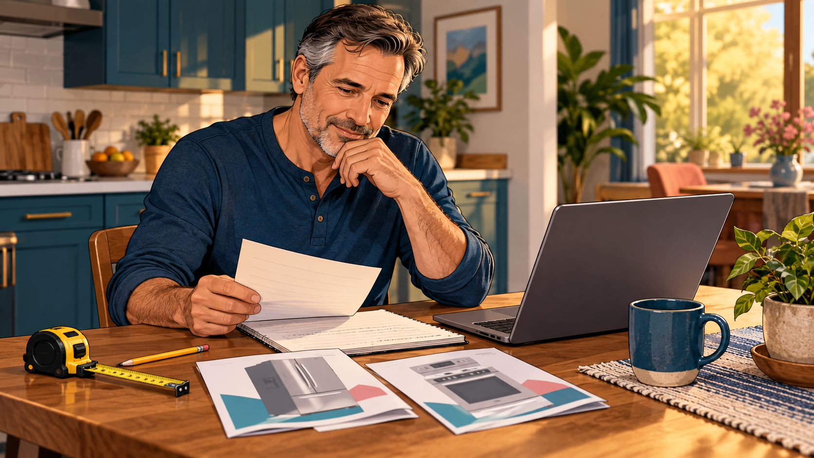 Illustration of a man comparing household appliance notes beside a laptop and measuring tape.