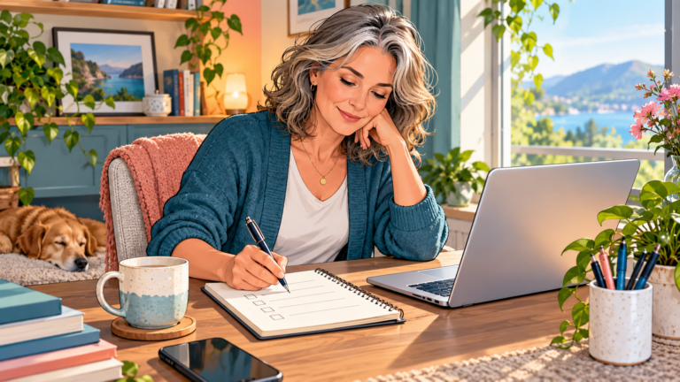Illustration of a woman reviewing a notebook checklist beside a laptop at a home desk.