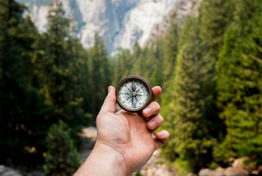 A hand holding a compass against a wooded valley and distant cliffs.